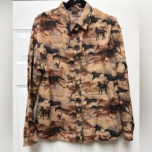 Women’s Vintage Size  XL Roper Long-Sleeve Brown Horse   Print Button-Down Top